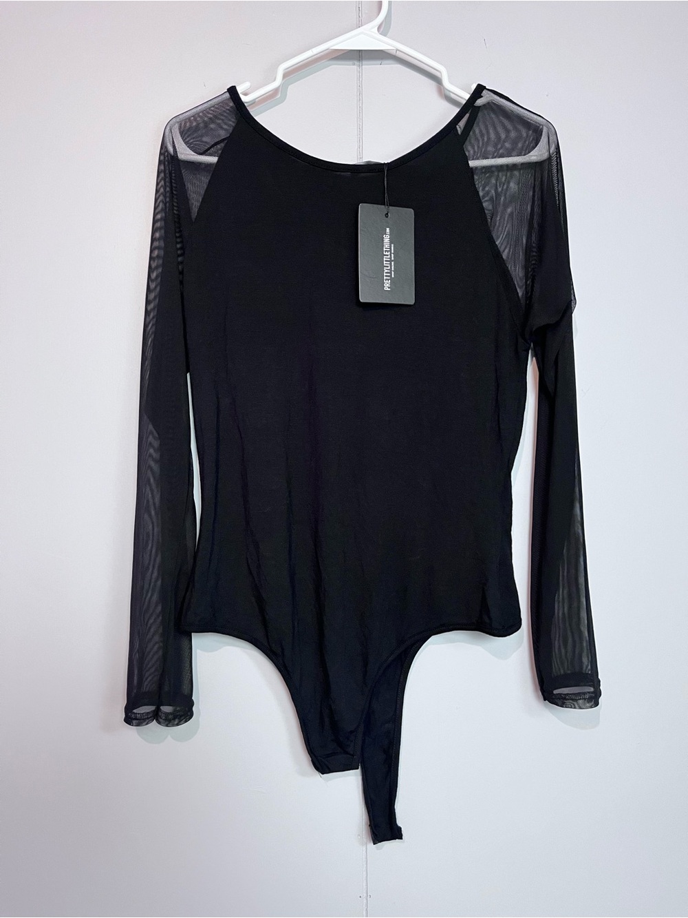 PrettyLittleThing Black Mesh Long Sleeve Bodysuit US 10 NWT